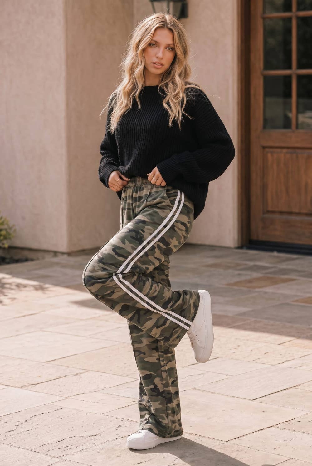 Camo Wide Leg Pants with Double Side Stripe