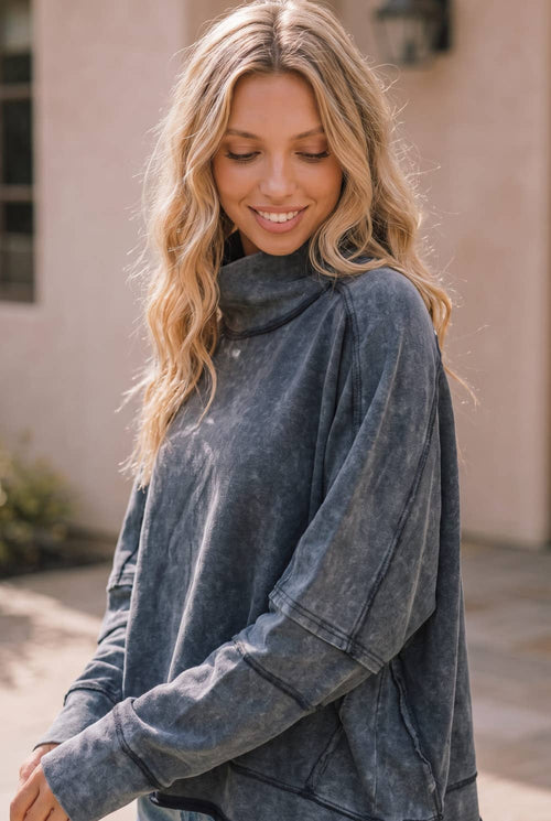 Acid Wash Mock Neck Top