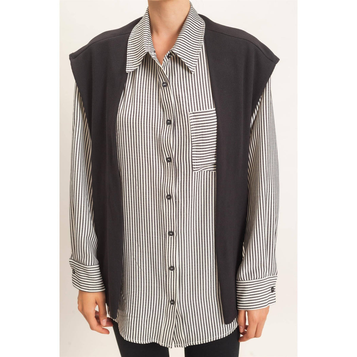 Striped Button-Up Shirt With Faux Tie