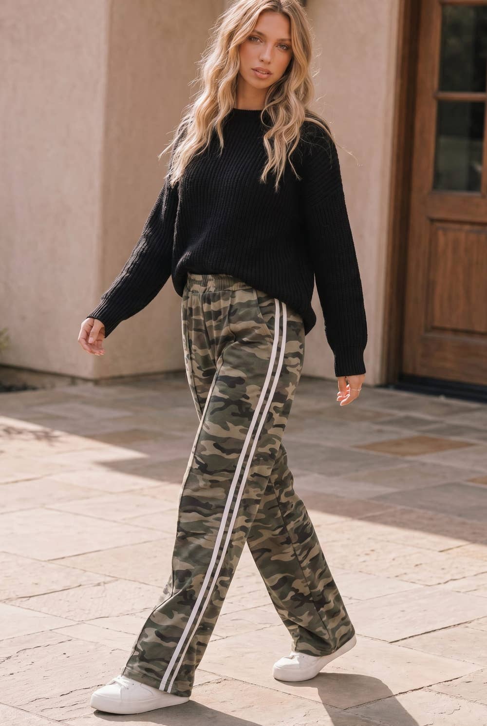 Camo Wide Leg Pants with Double Side Stripe